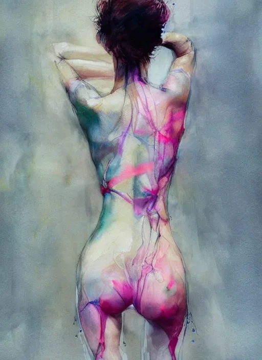 Prompt: sexy gorgeous woman in short by agnes cecile, view from back, bent - over posture, half body portrait, extremely luminous bright design, pastel colours, ink drips, autumn lights