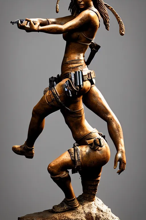 Image similar to detailed studio photo of old bronze patina statue lara croft, full body portrait, various poses, photorealism, intricate detail, museum diffuse lighting