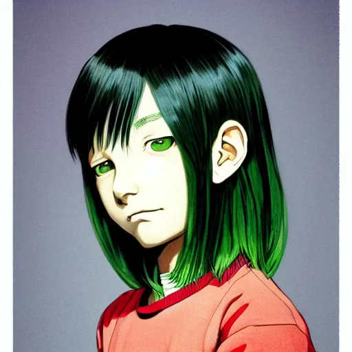 Prompt: character portrait of a boy with green long straight hair soft light painted by james jean and katsuhiro otomo and erik jones, inspired by evangeleon anime, smooth face feature, high detail illustration, sharp high detail, manga and anime 1 9 9 9