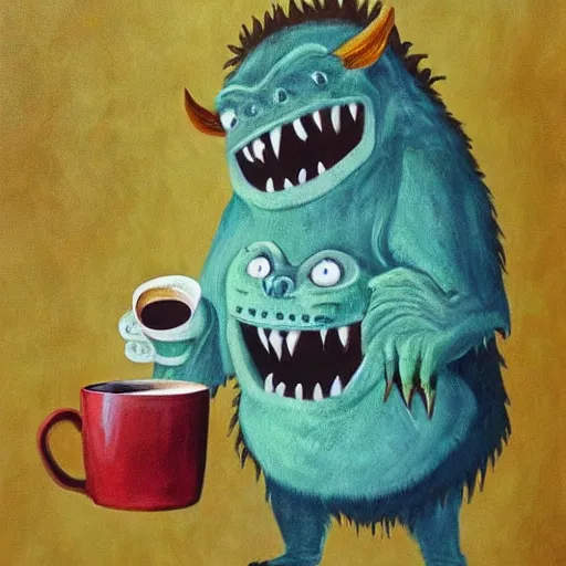 Image similar to painting of the monster from where the wild things are smiling and holding a beautiful cup of coffee