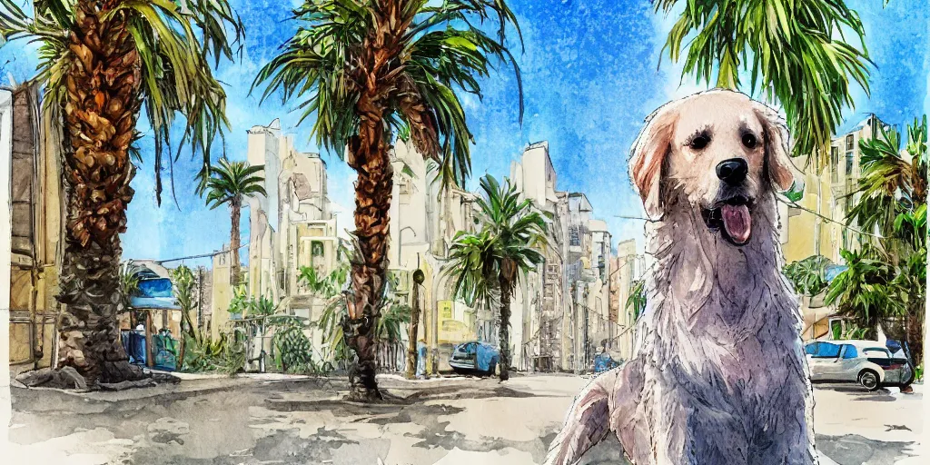 Prompt: portrait golden retriever dog standing in tel aviv street looking at the camera. palm trees. optimistic. digital art. watercolor. highly detailed. drawing. art. colorful. fluffy