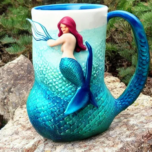 Prompt: an amazing ceramic realistic mermaid sculpture mug, creative, beautiful, award winning design, functional, colorful