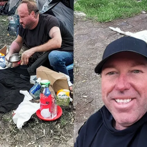 Prompt: Alex Jones homeless in a homeless camp receiving free food from liberals