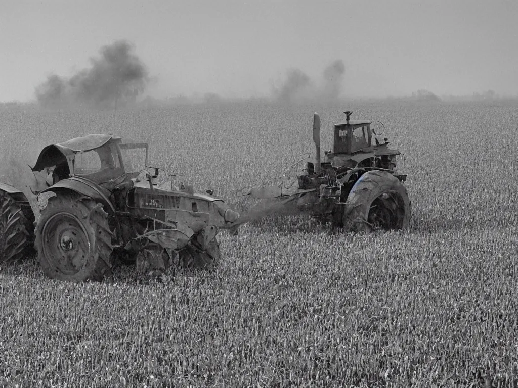 Image similar to grumpy finnish grandpa plowing oat field with old smoke spewing valmet - tractor, 1 9 6 6, home album pocket camera photo, detailed facial features, hyper realistic