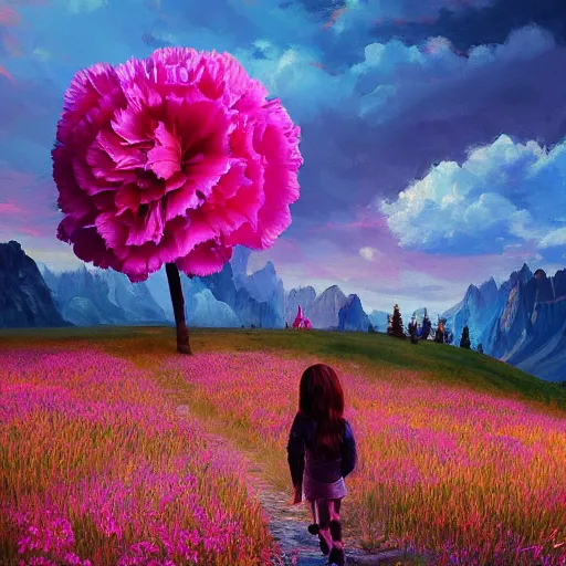 Image similar to giant carnation flower as a head, girl hiking in the dolomites, surreal photography, sunrise, dramatic light, impressionist painting, colorful clouds, digital painting, artstation, simon stalenhag