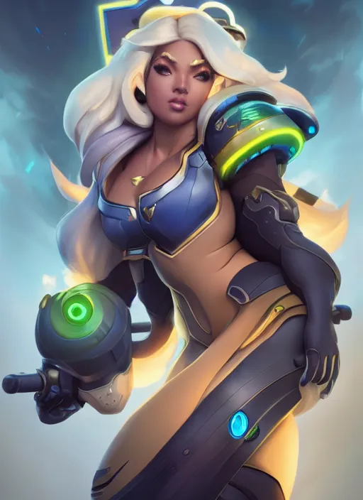 Image similar to character portrait of a fusion of Ashe from Overwatch and Orisa from Overwatch by ArtGerm and Tom Bagshaw, 4k, highly detailed, cinematic lighting, characters merged