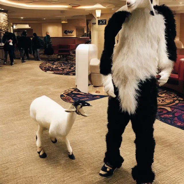 Image similar to a person wearing a fursuit of a goat fursona, fursona, furry convention, hotel lobby, indoors, photograph, furry fandom, photorealistic,