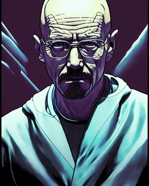 Image similar to portrait of walter white as a robot, cybernetic enhancements, art by makoto shinkai and alan bean, yukito kishiro