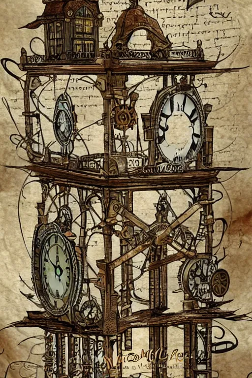 Image similar to the impossible clock tower, tower, building steampunk, papyrus, parchment