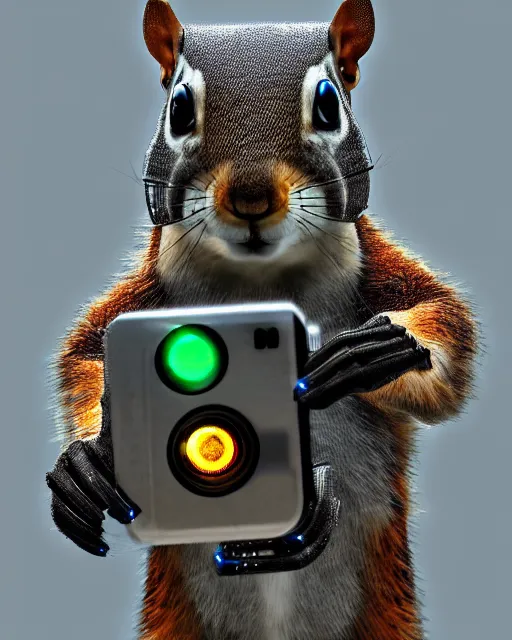 Image similar to a cybertronic squirrel terminator, leds, high detail, sharp, studio, digital art