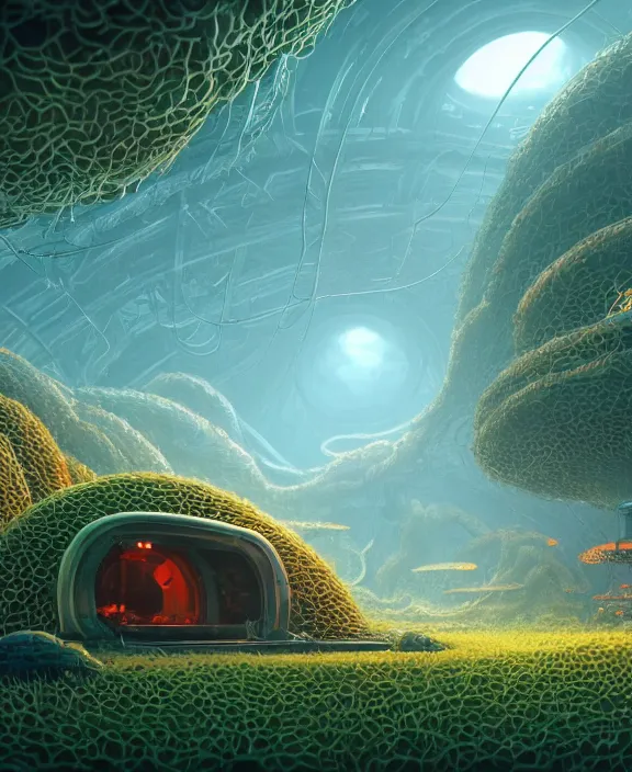 Image similar to simplicity, a simple bunker made out of exotic fungus, overgrown with weird smooth fungus and tendrils, spaceship, sci - fi, robots, noon, somber, partly cloudy, by dan mumford, yusuke murata, makoto shinkai, ross tran, cinematic, unreal engine, cel shaded, featured on artstation, pixiv