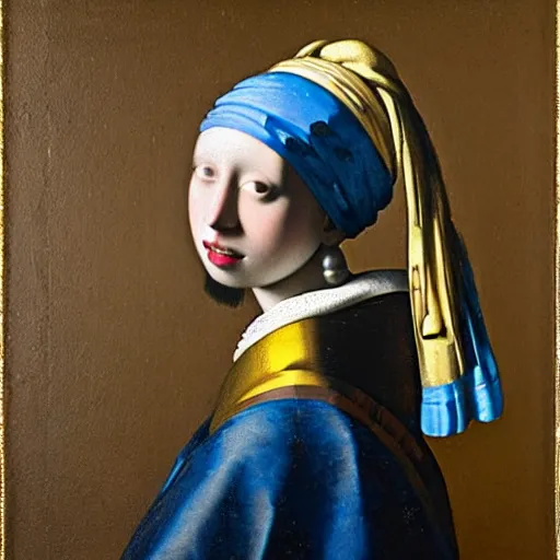 Image similar to An oil painting tronie of a European girl wearing an exotic gold dress, an oriental blue and gold turban, and a very large pearl as an earring, against a dark background, by Johannes Vermeer, 1665.