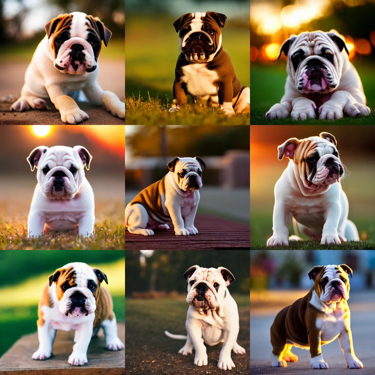 Prompt: a bulldog puppy at golden hour, bokeh, 3 2 megapixel