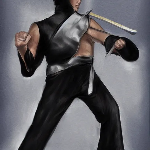 Image similar to elvis presley standing in a fighting stance holding a katana by the hilt with both hands ready to strike, realistic, digital painting, detailed,