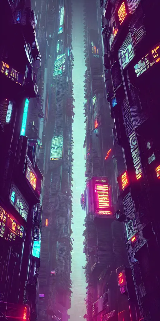 Image similar to low angle, epic cyberpunk cityscape :: blade runner, James Guilleard, beeple ,laurie greasley, dan mcpharlin :: ornate, dynamic, particulate, rich colors, intricate, elegant, highly detailed, centered, artstation, smooth, sharp focus, octane render, 3d