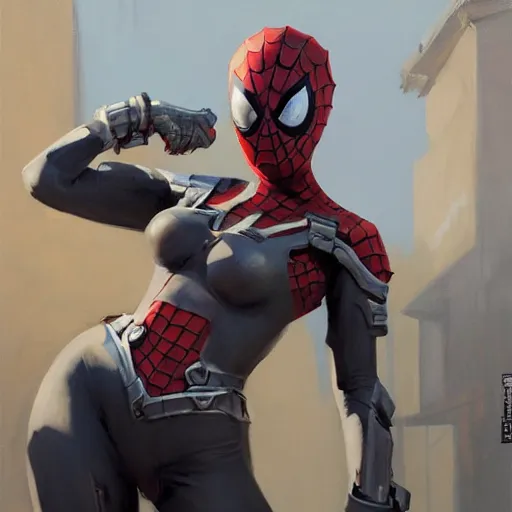 Image similar to greg manchess portrait painting of partially armored female iron spiderman as overwatch character, medium shot, asymmetrical, profile picture, organic painting, sunny day, matte painting, bold shapes, hard edges, street art, trending on artstation, by huang guangjian, gil elvgren, ruan jia, greg rutkowski, gaston bussiere