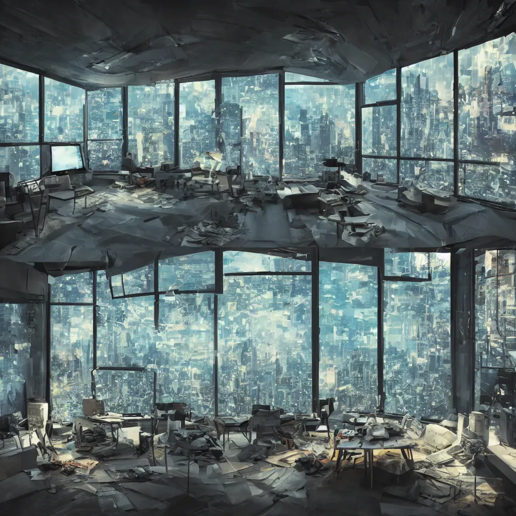 Image similar to photo realistic look inside a modern ai artists room with video screen walls and whimsical furniture with large windows overlooking a metropolis, perfect symmetry, super focus, 8 k, cinematic lighting, techie, mechanical, psychedelic, fractal, relaxing