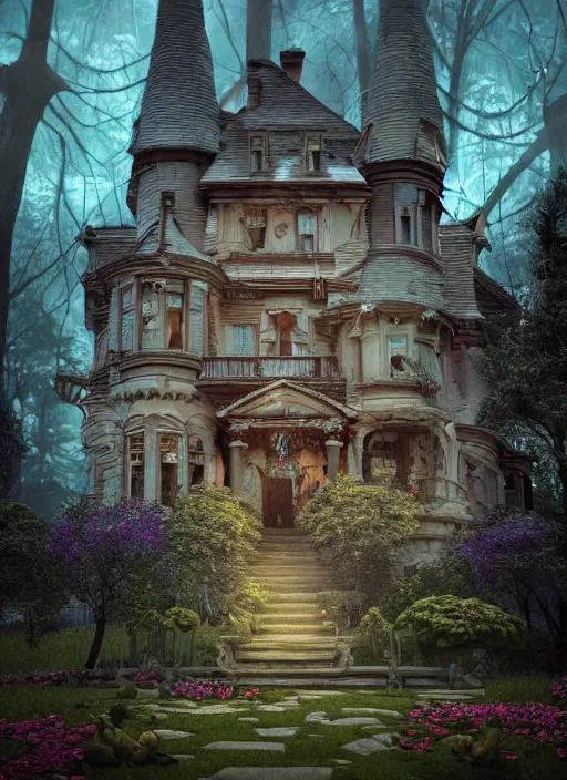 Image similar to A haunted Mansion in the middle of the woods, evil, demonic, enchanting, angelic, flowers, nature, city, symmetry, environment concept, cinematic, Rendered in Octane, trending on artstation, cgsociety, moody lighting rendered by octane engine, environment 8K artstation, cinematic lighting, intricate details, 8k detail post processing, hyperealistic, octane render, photo realism, visually inspired by Blade Runner 2049