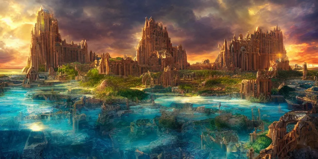 Prompt: Atlantis in all its glory, extremely detailed digital matte painting, golden hour, vibrant, sunbeams, stunning lighting