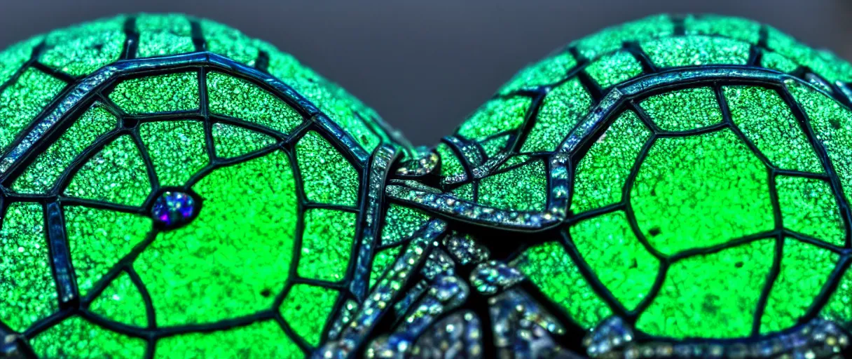 Prompt: high quality close-up photo scarab!! with crystals iridescent gorgeous hyperdetailed moody green lighting low angle hd 8k sharp shallow depth of field