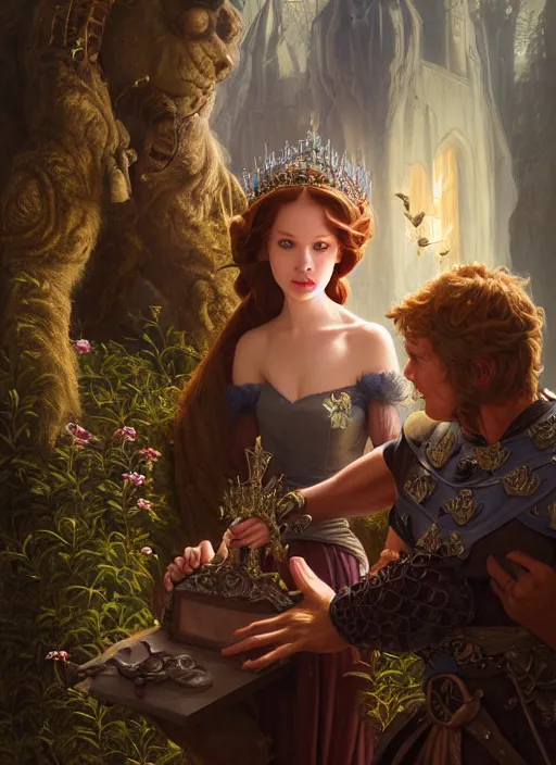 Image similar to highly detailed closeup portrait of a fairytale princess with a medieval goblin, stephen bliss, unreal engine, greg rutkowski, ilya kuvshinov, ross draws, hyung tae and frank frazetta, tom bagshaw, tom whalen, nicoletta ceccoli, mark ryden, earl norem, global illumination, god rays, detailed and intricate environment