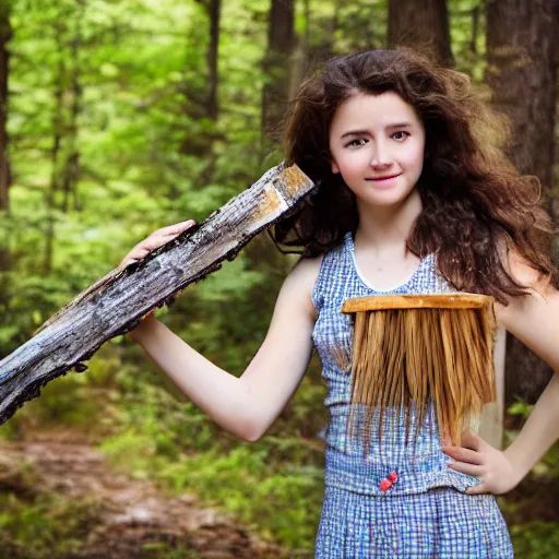 Prompt: a middle-school girl with unkempt wavy short brown hair wearing a white dress and holding a bundle of firewood, high resolution film still, 8k, HDR color