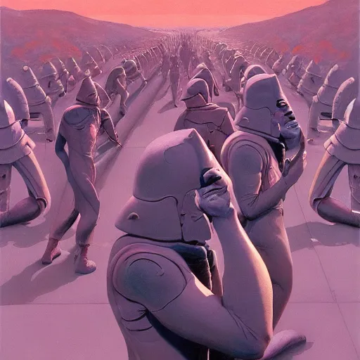 Prompt: Army of human clones, highly detailed, very coherent, painted by Francis Bacon and Edward Hopper, Wayne Barlowe, painted by James Gilleard, surrealism, airbrush, art by JamesJean