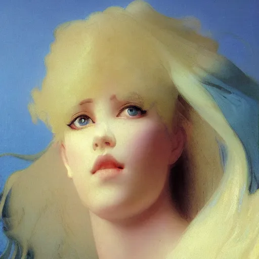 Image similar to a young woman's face, her hair is white and she wears a cobalt blue satin cloak, by ivan aivazovsky and syd mead and moebius and gaston bussiere and roger dean and pieter claesz and paul delaroche and alma tadema and aelbert cuyp and viktor vasnetsov, hyperrealistic, volumetric light, octane render