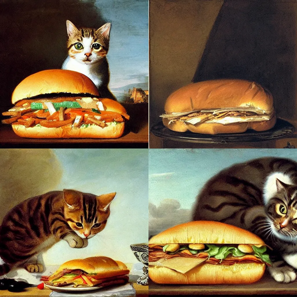 Prompt: beautiful painting of a cat eating a big sandwich by Rembrant