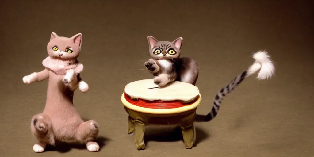 Image similar to a cat dancing on its hind legs, on top of a round ball of Swiss cheese, while playing the fiddle with its paws, in the style of claymation