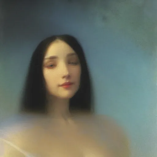 Image similar to young woman's face, her hair is white and she wears a cobalt blue duchesse satin cloak, by ivan aivazovsky and syd mead and moebius and gaston bussiere and roger dean and willem claesz and pieter claesz and paul delaroche and alma tadema and aelbert cuyp, hyperrealistic, volumetric light, octane