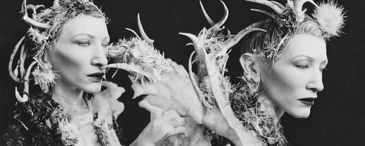 Image similar to 1920s portrait photography of cate blanchett transforming into a monster, edelweiss growing out of her face, goat horns on her head