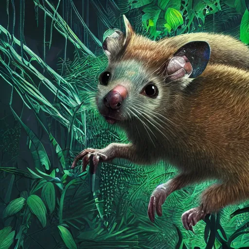 Image similar to highly detailed possum lost in the jungle at night, cyberpunk, isometric, highly detailed digital art