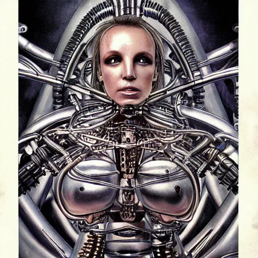 Image similar to britney spears encased in biomechanical machine, heavy conduits, complex scene, rich composition, heavy in detail, corruption, smooth, sharp focus, airbrush, illustration, symmetrical, art by h. r. giger