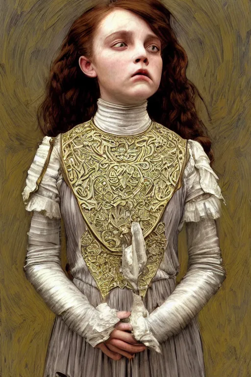 Prompt: a head and torso art nouveau portrait of a 16-year old sun goddess who resembles Anne of Green Gables with a worried, intense gaze and slightly opened mouth, ornate intricate mother-of-pearl battle armor, intricate, elegant, highly detailed, digital painting, artstation, concept art, smooth, sharp focus, illustration, art by John William Waterhouse and Bouguereau and Donato Giancola and alphonse mucha