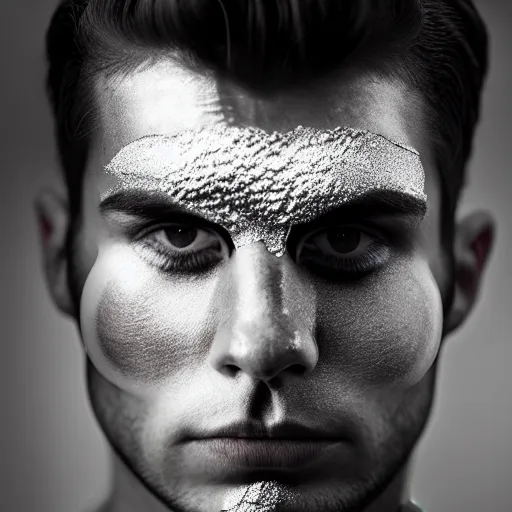 Image similar to a close up portrait of a beautiful athletic young persian male with his face covered in silver leaf , photographed by erwin olaf, artistic