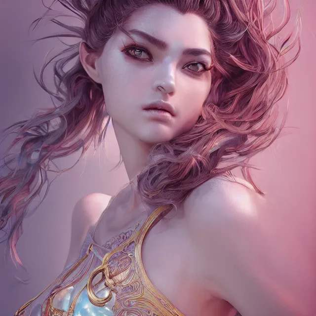 Image similar to studio portrait of neutral good colorful female cleric bard healer as absurdly beautiful, elegant, young sensual swimsuit model, ultrafine hyperrealistic detailed face illustration by kim jung gi, irakli nadar, intricate linework, sharp focus, bright colors, matte, octopath traveler, final fantasy, unreal engine highly rendered, global illumination, radiant light, intricate environment