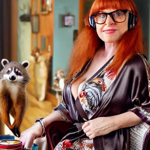 Prompt: a stunning hyper-detailed portrait photo of a beautiful bespectacled woman with long auburn hair and bangs, dressed in a luxurious silk robe, wearing futuristic headphones and posing with raccoons and parrots in an overstuffed easy chair in her sunlit living room, holding a coffee mug decorated with raccoons, and holding a strawberry-glazed donut and smoking an elaborate hookah, perfect eyes, octane render, unreal engine, 85 mm lens,