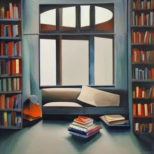 Image similar to A dark room with a TV and it’s static giving light to a couch directly across from it, a window is on the right and rain is hitting against the window, shelves are inside filled with books, a couple of empty bottles are on the ground, oil painting