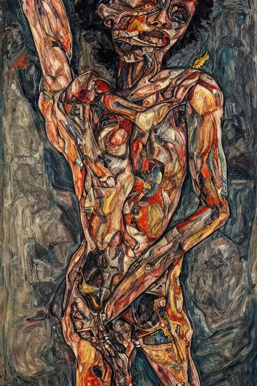 Prompt: a full body character with multiple lifted arms in style of egon schiele and herakut, masterpiece, hyperdetailed, complex, intricate, veiled, 4 k, dynamic!!