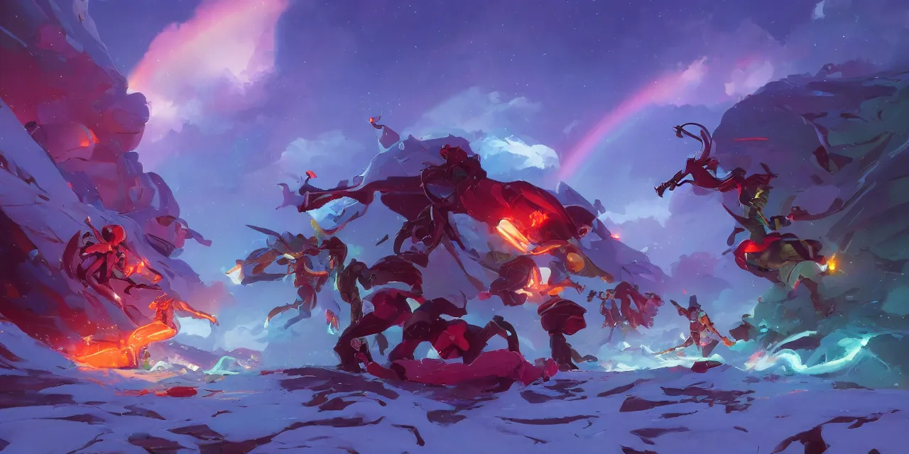 Image similar to epic showdown in blizzard, rainbow lights, aurora, behance hd artstation by jesper ejsing by rhads, makoto shinkai and lois van baarle, ilya kuvshinov, ossdraws