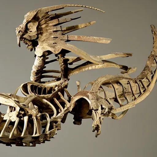 Prompt: a fossilized griffin skeleton, museum photo