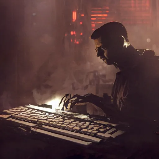 Image similar to augmented human repairing commodore 6 4, dark messy smoke - filled cluttered workshop, dark, dramatic lighting, orange tint, cinematic, highly detailed, sci - fi, futuristic, movie still from blade runner