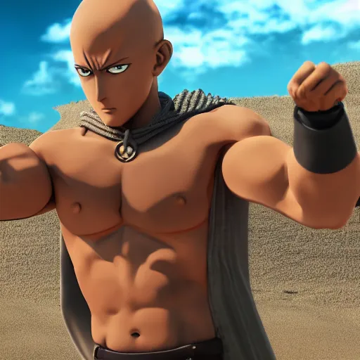Prompt: onepunchman in sand beach look at me, pixiv, instagram photo, 8 k, octane render, unreal engine 5, cinematic, full hd, ultra realistic, ultra detailed, 8 k 3 d
