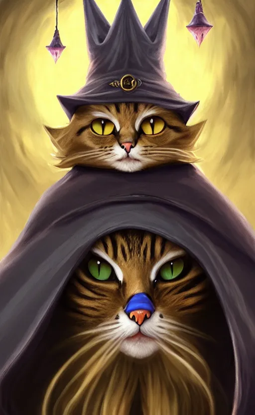 Image similar to matte oil painting of a bipdel cat wearing long wizard robes, anthropomorphic cat wearing a big wizard hat, dnd, character reveal, magic, posing, full body portrait, high resolution, detailed, inspiring, award - winning, clear, crisp, sharp