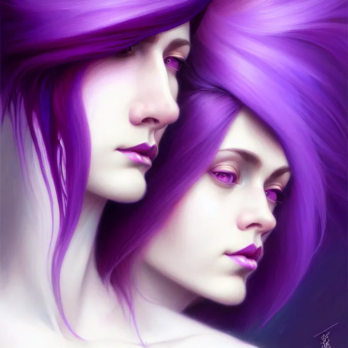 Image similar to Purple hair relistic Portrait of a two woman with bright colored flying hair, all shades of purple. Beauty face, Hair coloring, fantasy, intricate, elegant, highly detailed, digital painting, artstation, concept art, smooth, sharp focus, illustration, art by artgerm and greg rutkowski and alphonse mucha