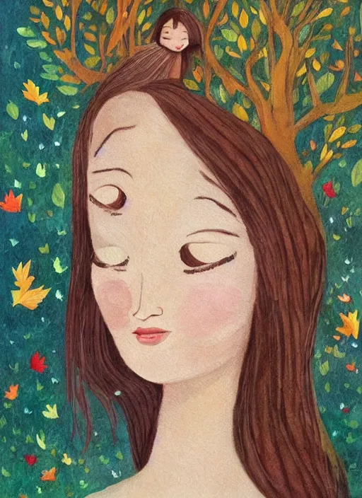 Image similar to a wonderful childrens illustration book portrait painting of a woman with serene emotion, art by tracie grimwood, forest, trees, many leaves, birds, whimsical, aesthetically pleasing and harmonious natural colors