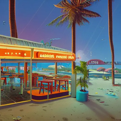 Image similar to inside beachfront fast food restaurant with palm trees by simon stalenhag
