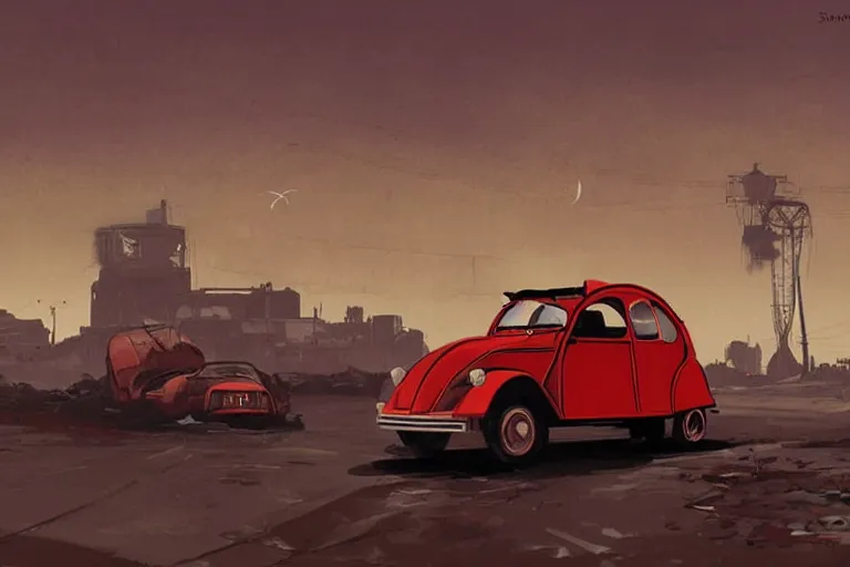 Image similar to red and black citroen 2 cv ( 1 9 6 5 ) driving across the wastelands of fallout 4, dramatic lighting, establishing shot, by simon stalenhag