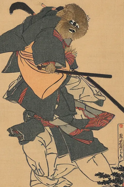 Image similar to Japanese woodblock print of an Ewok holding a samurai sword , cherry blossom, Hokusai